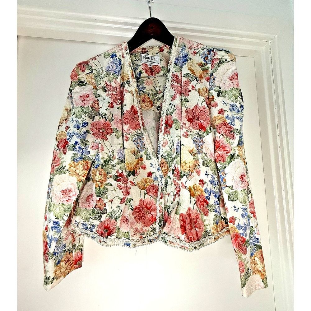 Vtg Sz 14 NAH NAH COLLECTION Victorian Floral Tapestry Blazer Pearl Trim Jacket